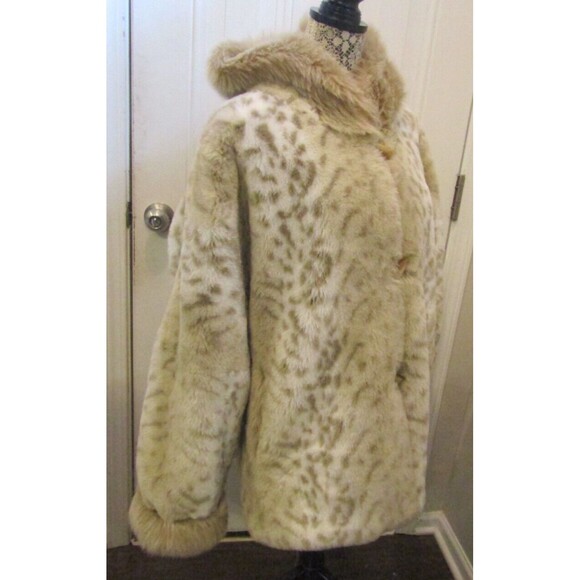 Vtg 80s Coldwater Creek Coat Snow Leopard Faux Fur Oversized Jacket Toggles PL - Picture 7 of 8